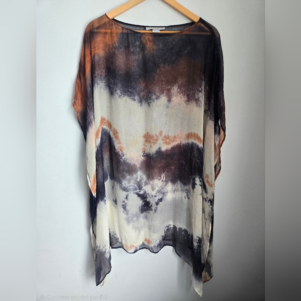 bryn Walker Tie-Dye Silk Tunic in Black, Cream & Brown